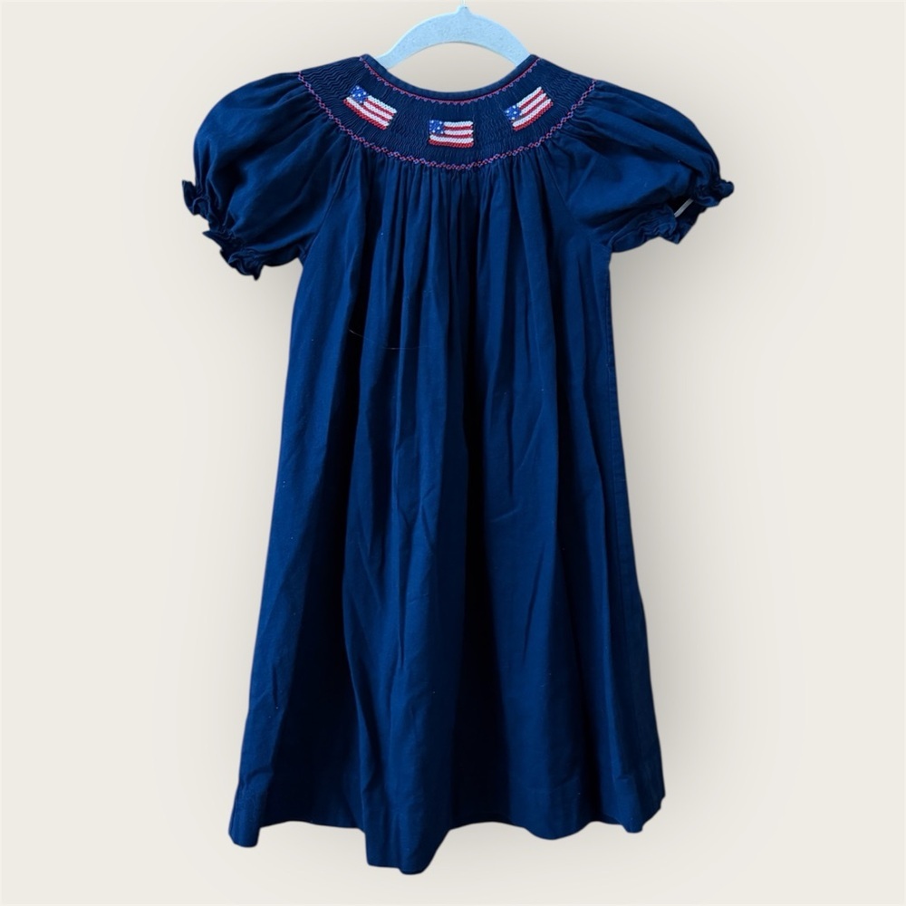 Hand Smocked Silly Goose Patriotic Girls Bishop Dress Blue USA Flag 100% cotton